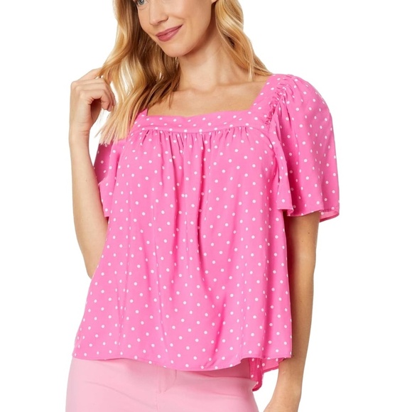 Draper James Maren Top Blouse Bubblegum Pink Polka Dot 100% Rayon Breezy Flowy - Picture 2 of 15